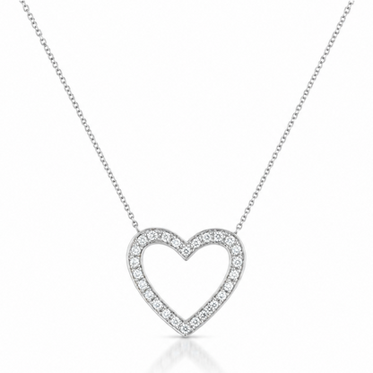 14k white gold heart pendant necklace outlined with 26 diamonds