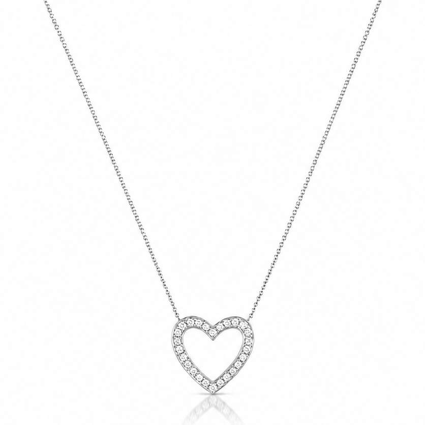 Detail of the diamond outline on the white gold heart pendant
