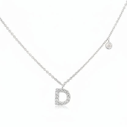 18k white gold “D” initial pendant necklace with pave diamonds