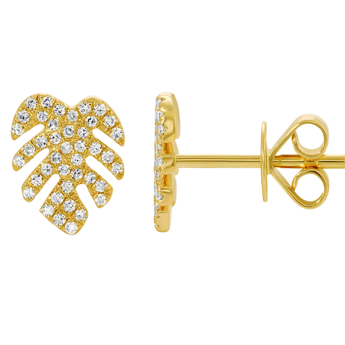diamond leaf stud earrings in 14k yellow gold with diamond accents