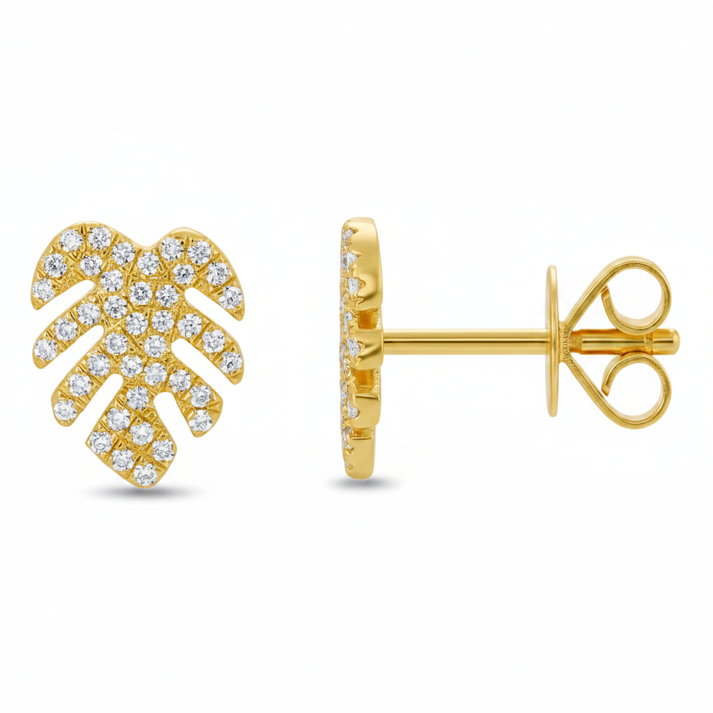 diamond leaf stud earrings in 14k yellow gold with diamond accents