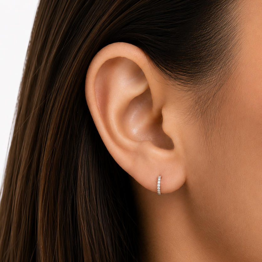 diamond mini hoop earrings in 14k white gold, detail view