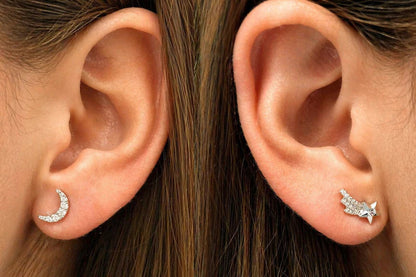 14k gold moon and shooting star stud earrings with diamond accents