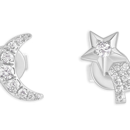14k gold moon and shooting star stud earrings with diamond accents