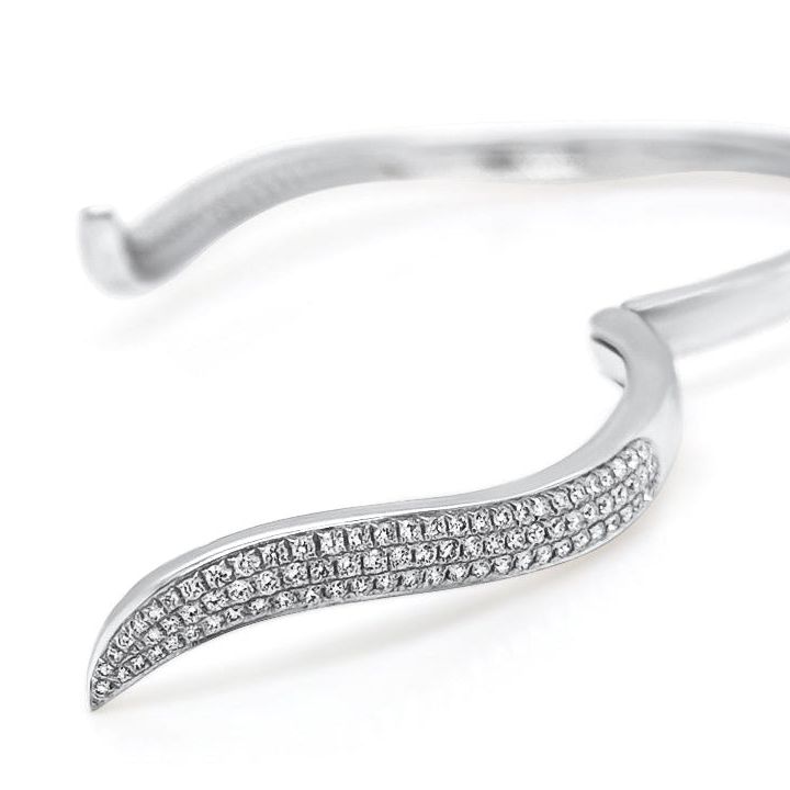 18k white gold open bangle bracelet with round brilliant diamonds by Diamond Tales
