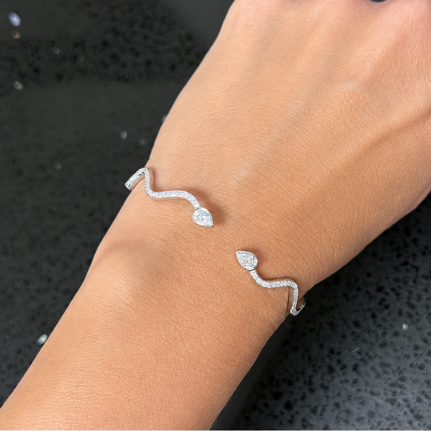 diamond open bangle bracelet in 14k white gold, pear diamond detail
