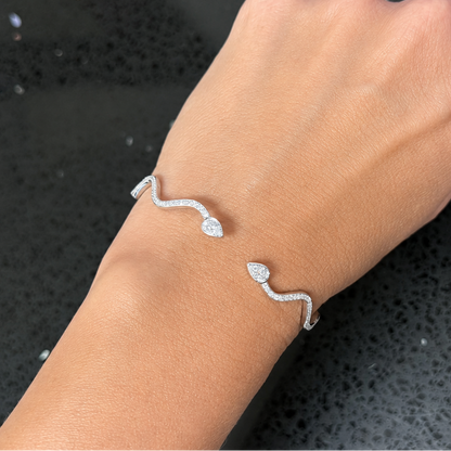 diamond open bangle bracelet in 14k white gold, pear diamond detail