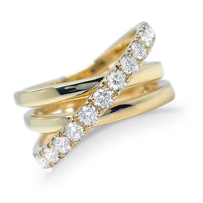 18k yellow gold crossover ring with pave diamonds along intersecting bands