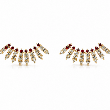 Diamond and ruby ear crawler earrings in 14k yellow gold, front view