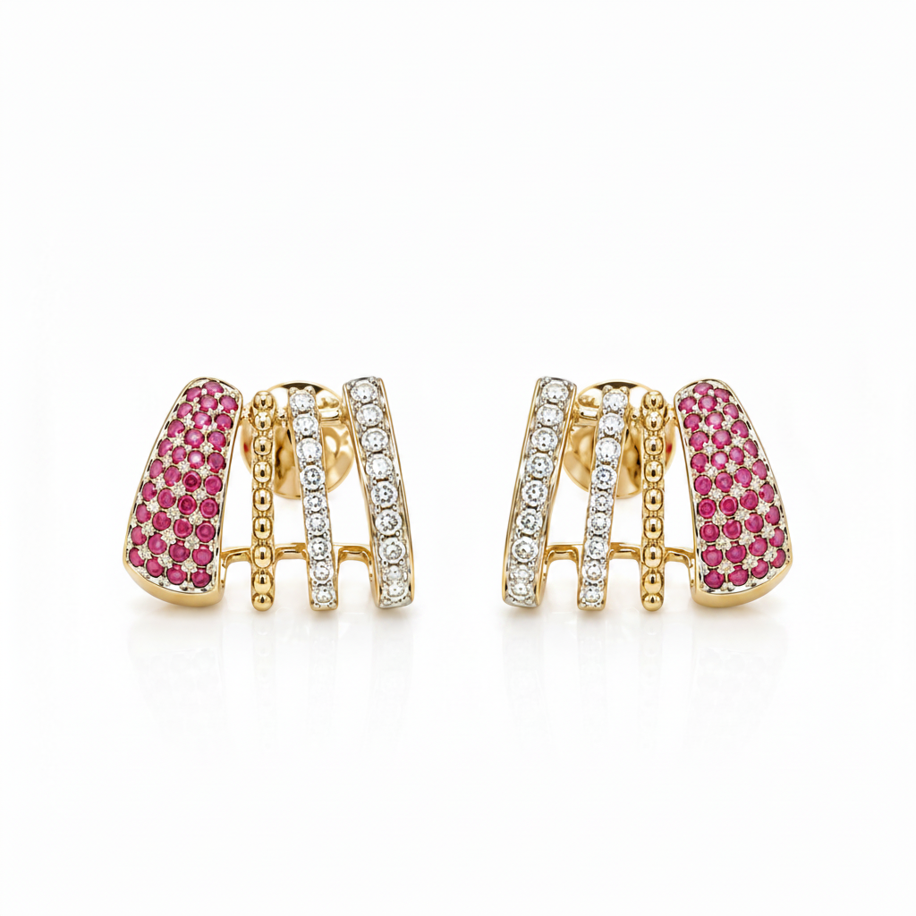 14k two tone gold stud earrings with diamonds and natural rubies