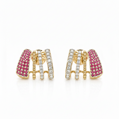 14k two tone gold stud earrings with diamonds and natural rubies