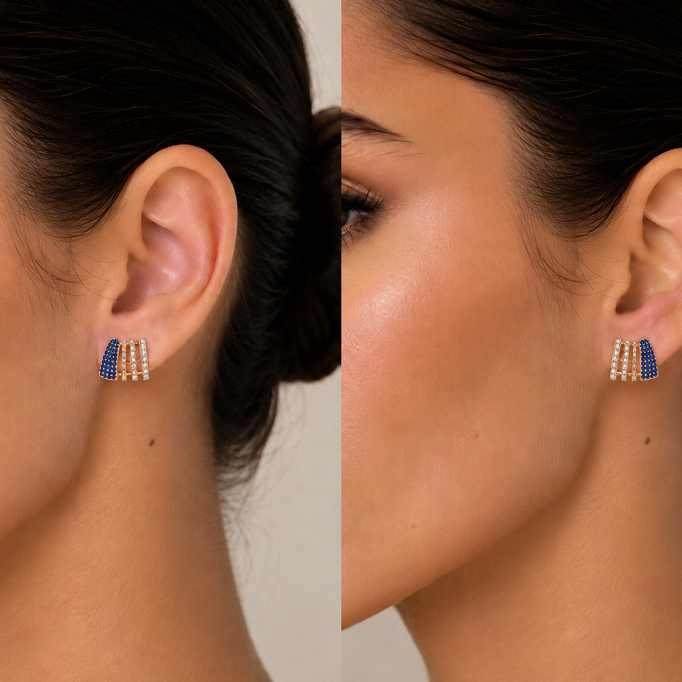 diamond and blue sapphire lobe stud earrings in 14k gold, detail view