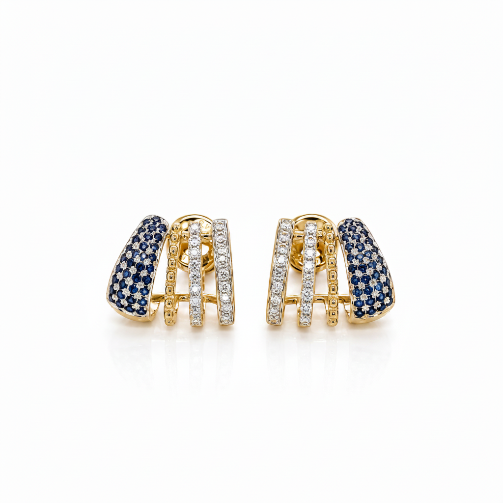 14k two tone gold stud earrings with diamonds and blue sapphires