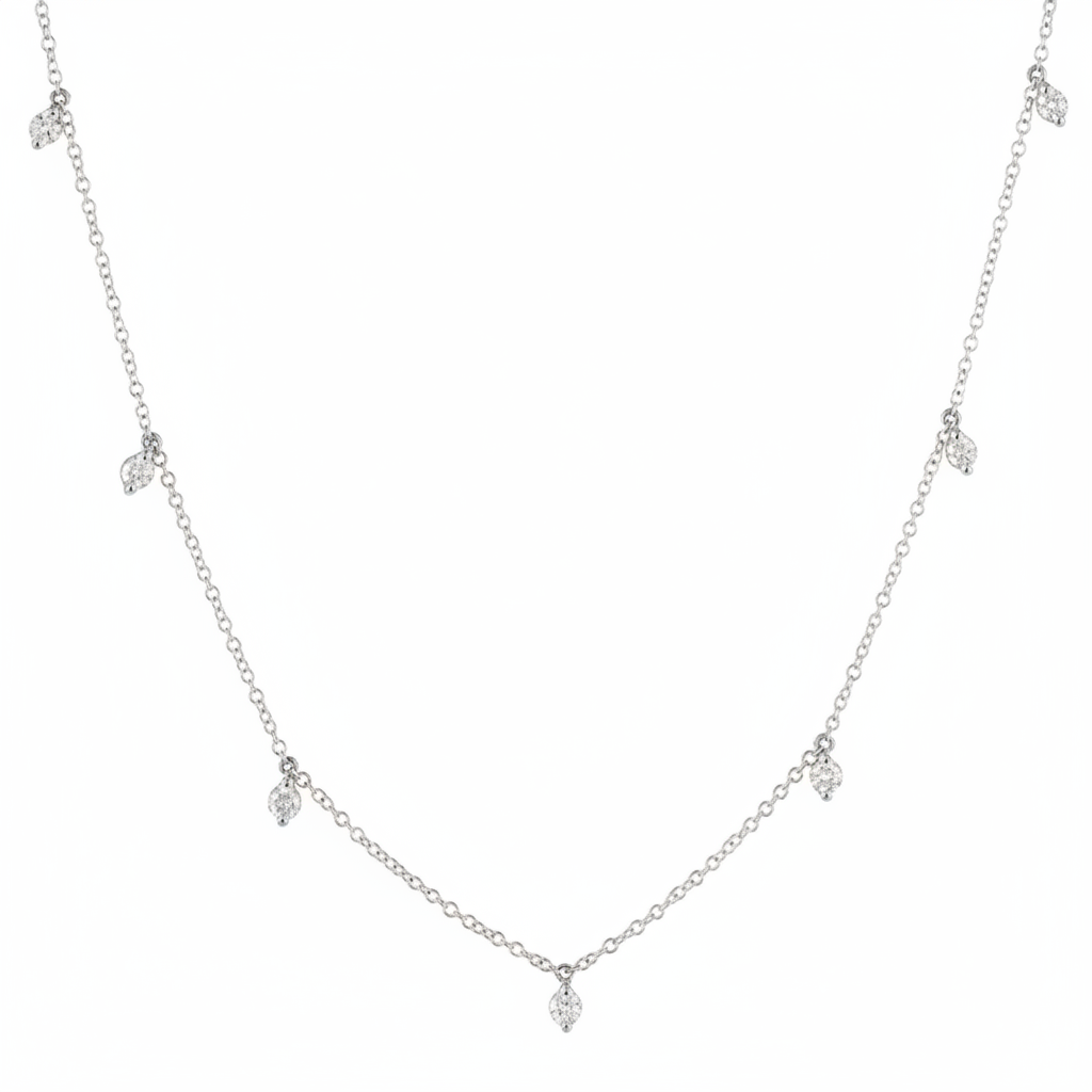 diamond shaker station necklace in 14k white gold with dangling round diamonds