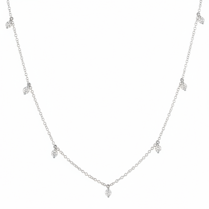 diamond shaker station necklace in 14k white gold with dangling round diamonds