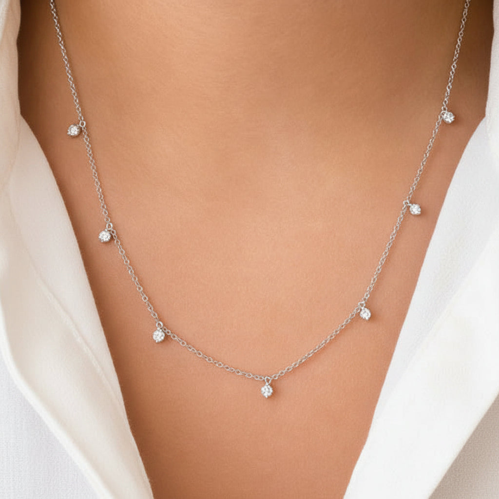 diamond shaker station necklace in 14k white gold with dangling round diamonds