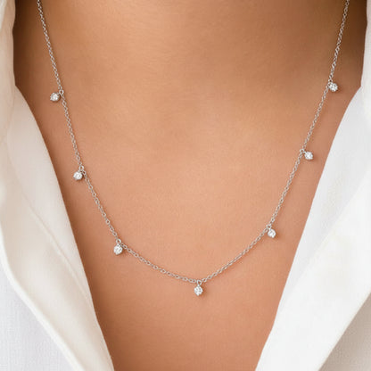 diamond shaker station necklace in 14k white gold with dangling round diamonds