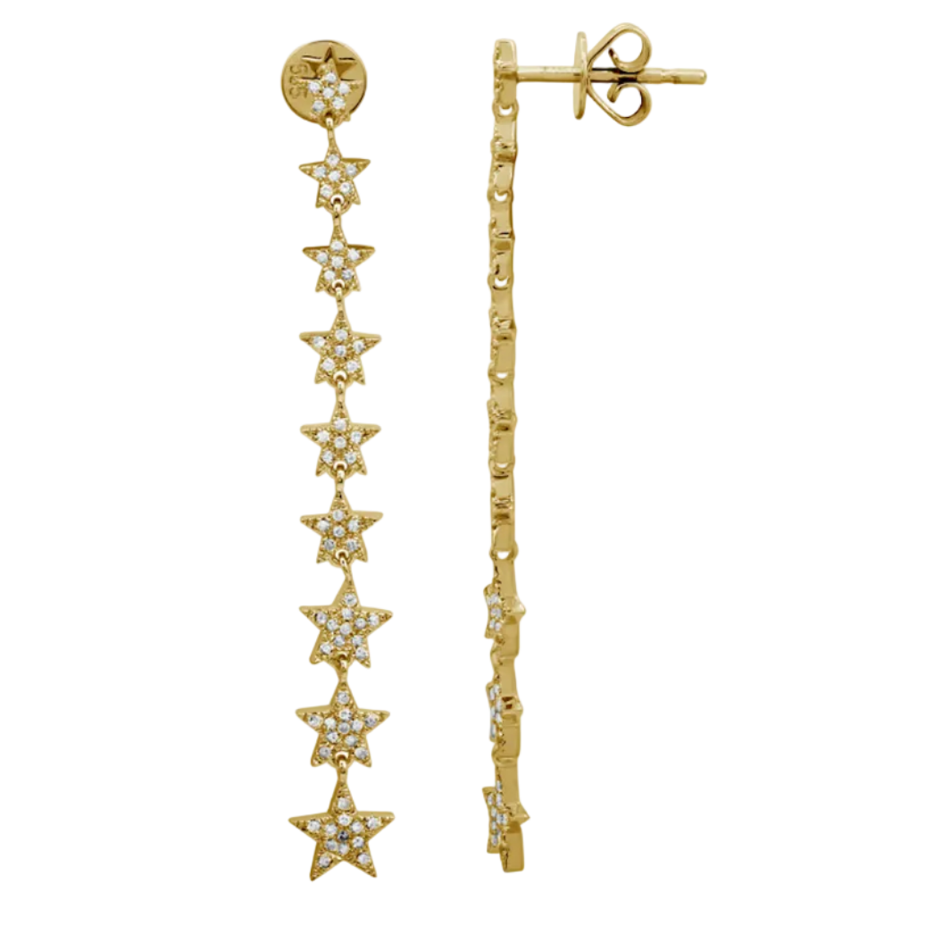 diamond star inline drop earrings in 14k gold with star motifs