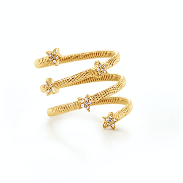 18k yellow gold spiral ring with diamond star details by Diamond Tales