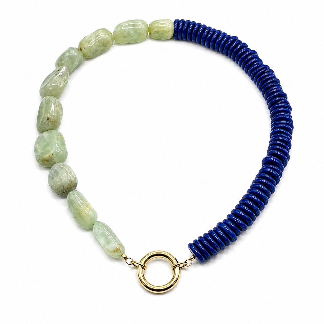 Blue magnesite and prehnite hoop necklace on gold plated sterling silver – Diamond Tales Summer 2026