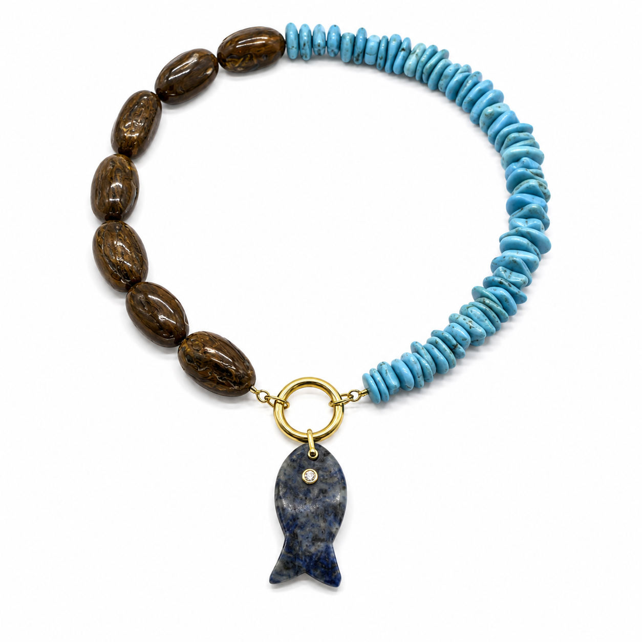 Sodalite fish charm with cubic zirconia eye on yellow gold plated sterling silver – Diamond Tales Summer 2026