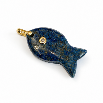 Sodalite fish charm with cubic zirconia eye on yellow gold plated sterling silver – Diamond Tales Summer 2026
