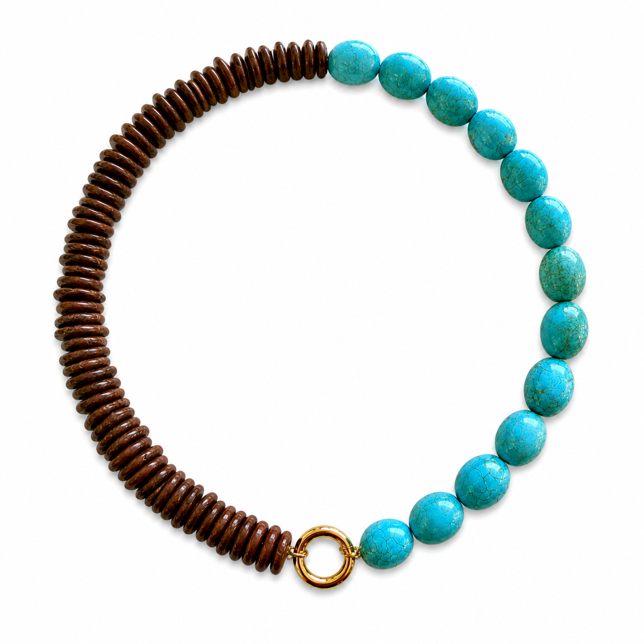 Turquoise and brown magnesite hoop necklace on gold plated sterling silver – Diamond Tales Summer 2026