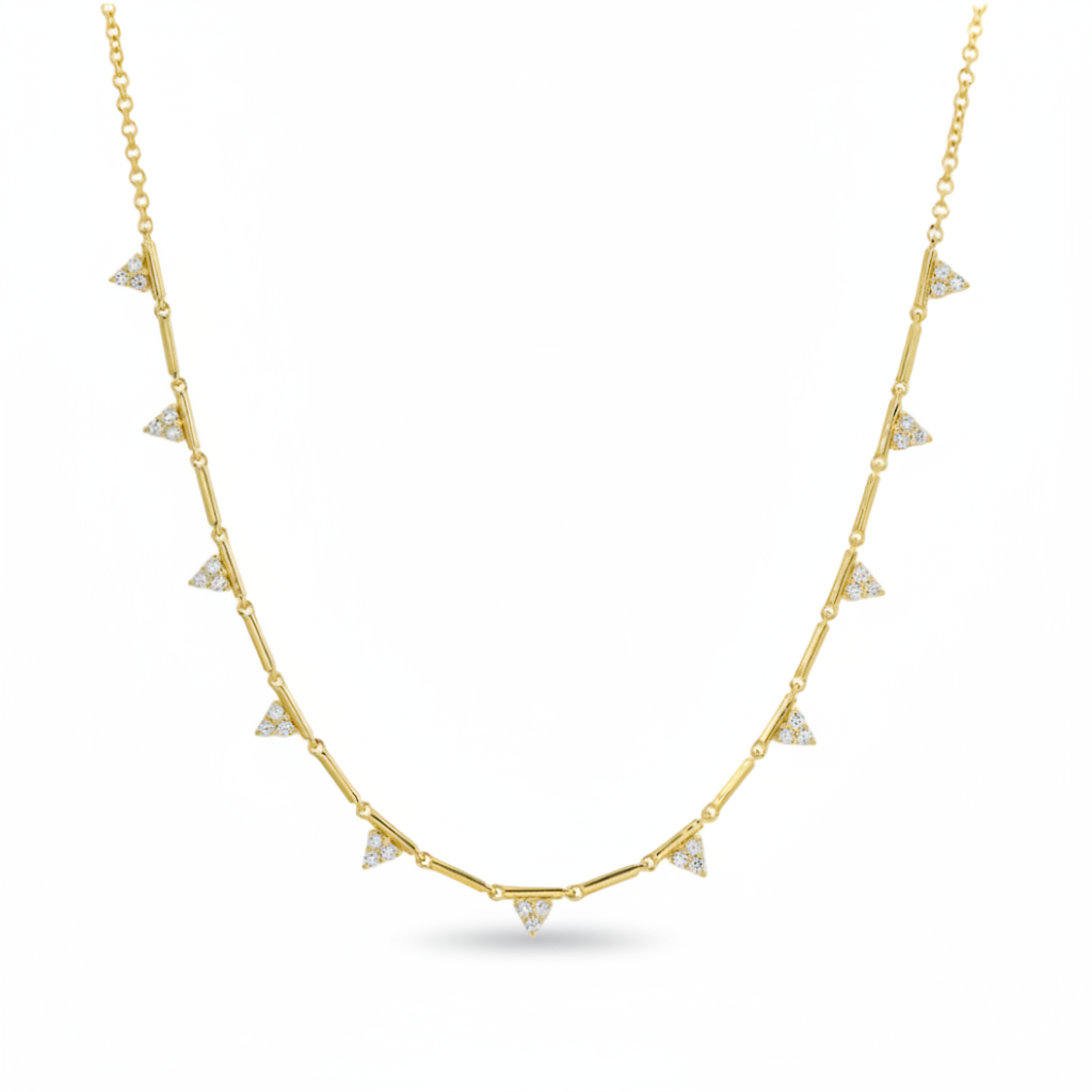 diamond triangle station necklace in 14k gold with geometric triangle motifs