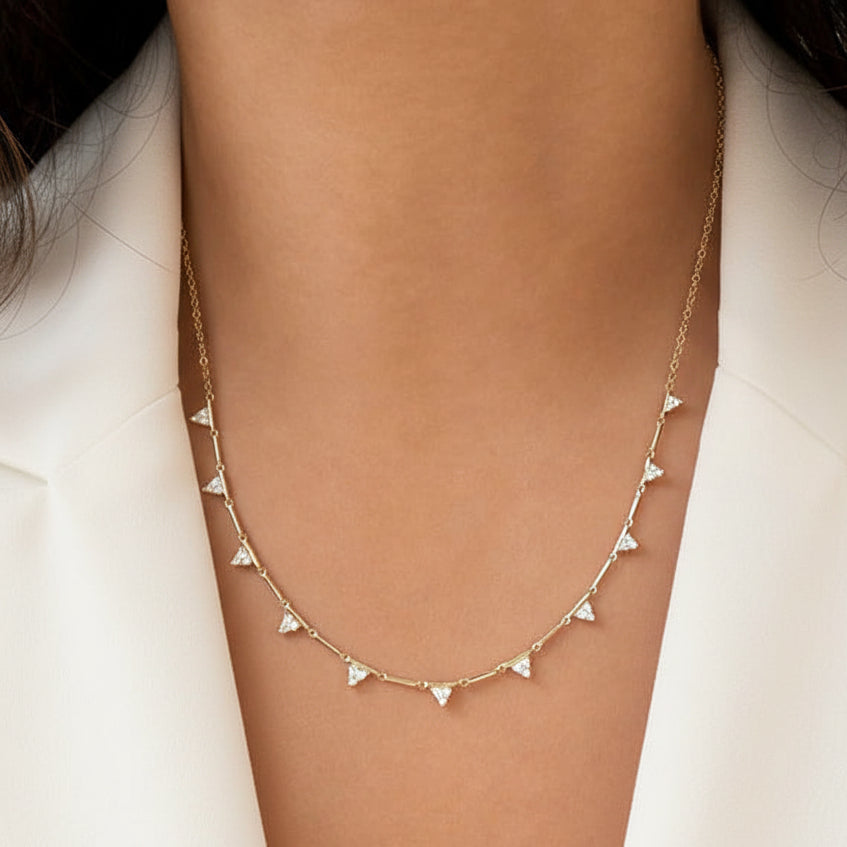 diamond triangle station necklace in 14k gold with geometric triangle motifs