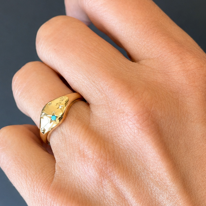 14k yellow gold ring with turquoise and round brilliant diamonds by Diamond Tales
