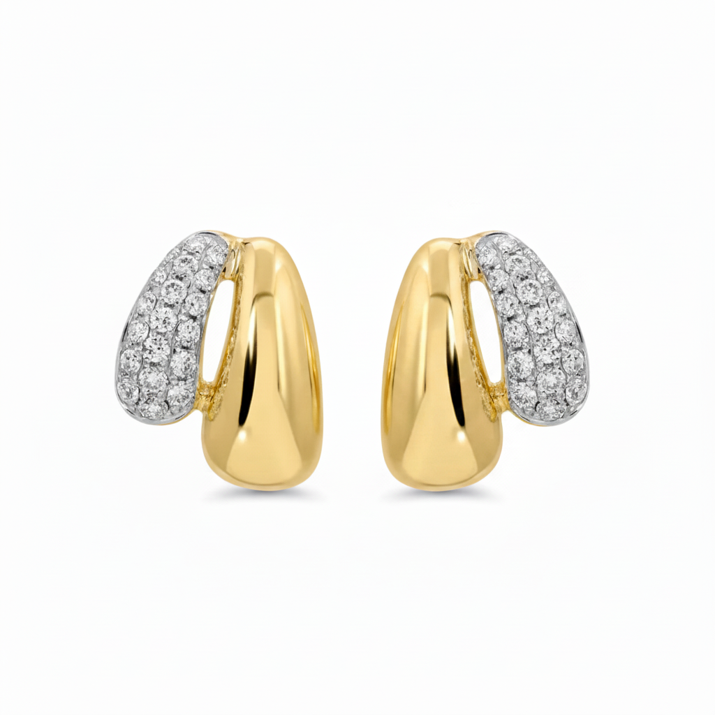 double band diamond lobe stud earrings in 14k gold with two rows of diamonds