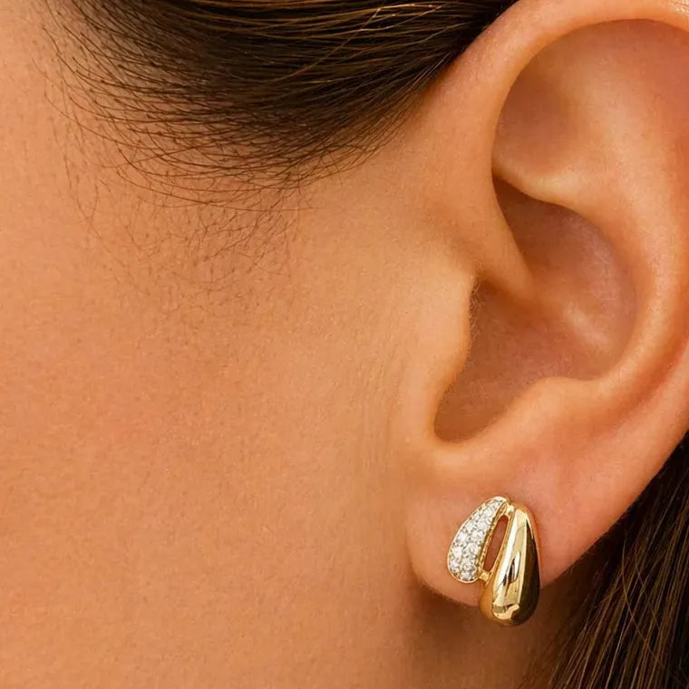 double band diamond lobe stud earrings in 14k gold with two rows of diamonds