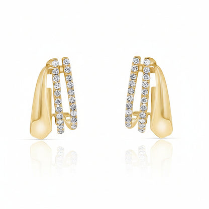 14k yellow gold double-band lobe stud earrings with two rows of 46 brilliant-cut diamonds totaling 0.29 carats