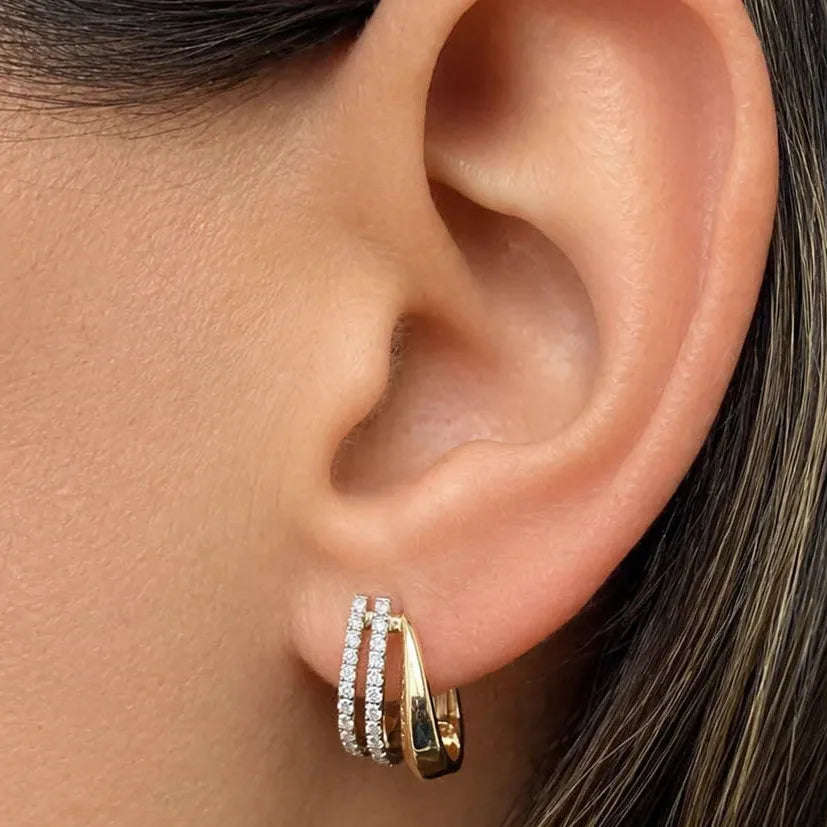 14k yellow gold double-band lobe stud earrings with two rows of 46 brilliant-cut diamonds totaling 0.29 carats