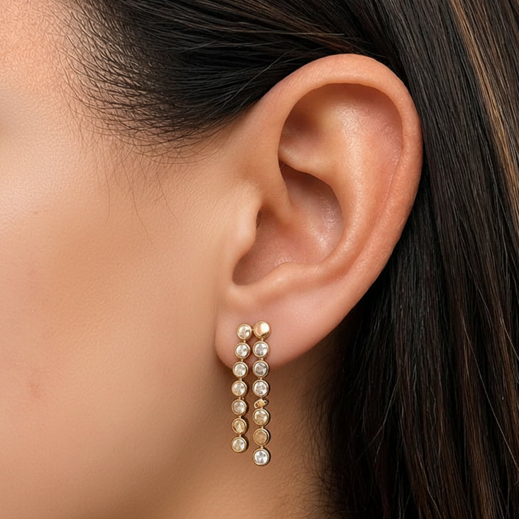 14k gold double inline round diamond drop earrings by Diamond Tales