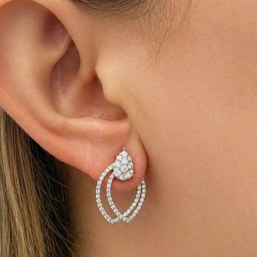18K white gold double oval diamond hoop earrings