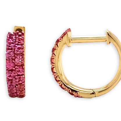 14k gold huggie hoop earrings with double-row pink sapphire gemstones