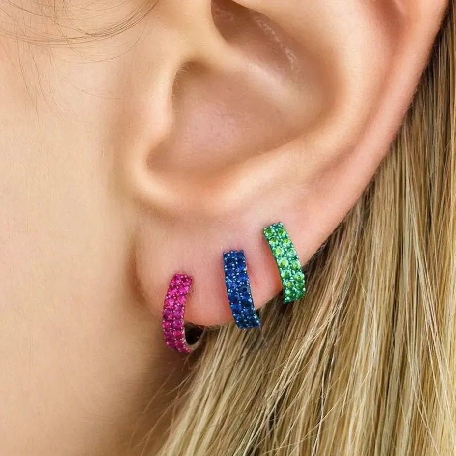 14k gold huggie hoop earrings with double-row pink sapphire gemstones