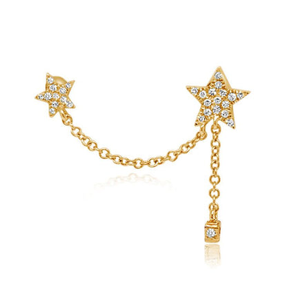 14k yellow gold double stud chain earring with brilliant-cut diamonds totaling 0.11 carats, single earring for two piercings