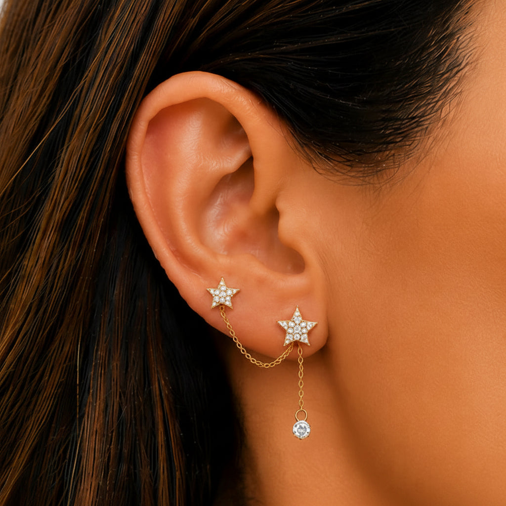 14k yellow gold double stud chain earring with brilliant-cut diamonds totaling 0.11 carats, single earring for two piercings