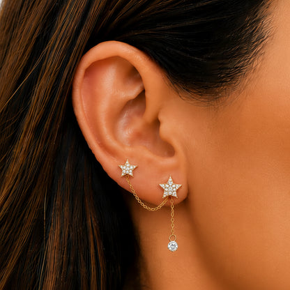 14k yellow gold double stud chain earring with brilliant-cut diamonds totaling 0.11 carats, single earring for two piercings