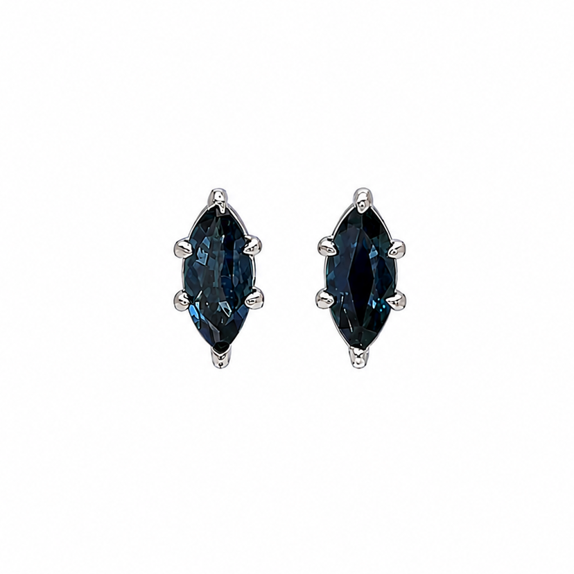 14k white gold stud earrings with marquise-cut natural blue sapphires