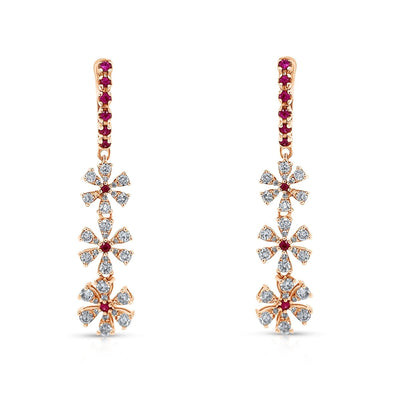 18k rose gold flower drop earrings with pavé diamonds and central rubies