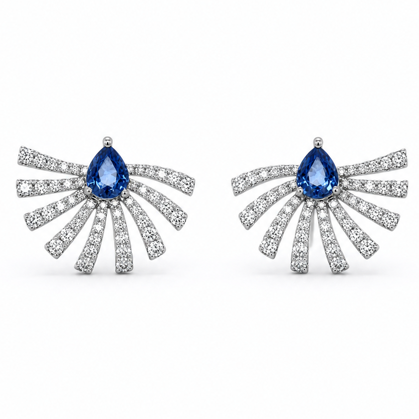 18k white gold stardust earrings with pear sapphires and cascading pave diamonds