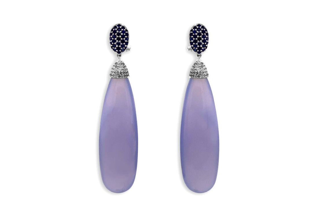 Earrings 18kt Chalcedony Drops with Ceylon Sapphires &amp; Diamonds - Diamond Tales Fine Jewelry