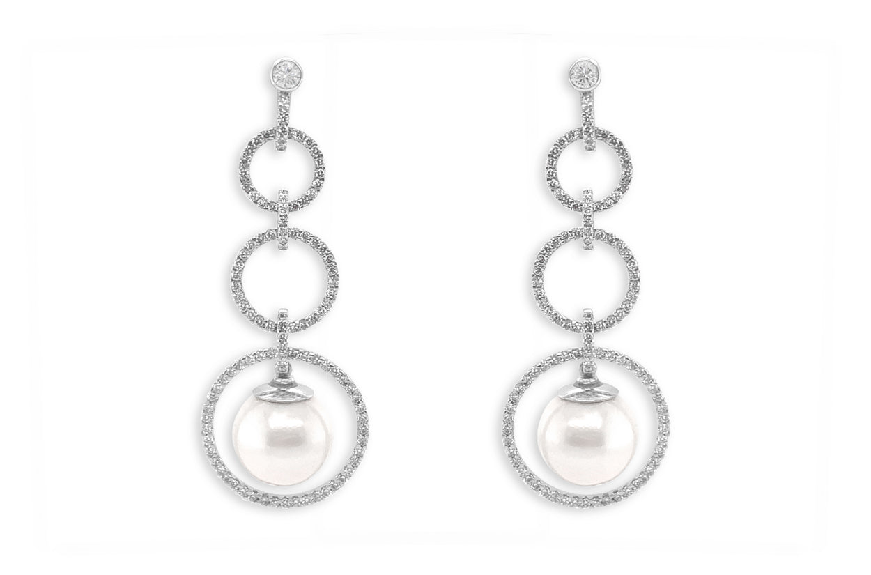 Earrings 18kt Gold Circle Drop with Pearls &amp; Diamonds - Diamond Tales Fine Jewelry