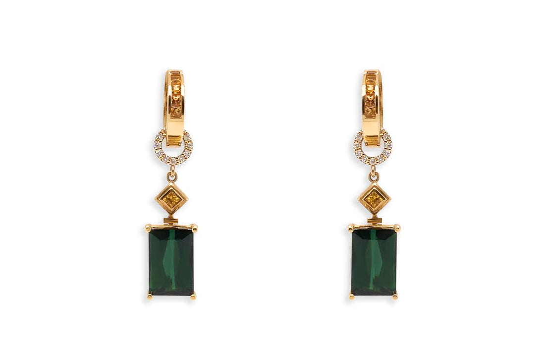 Earrings 18kt Gold Detachable Green Tourmalines Sapphires &amp; Diamonds - Diamond Tales Fine Jewelry