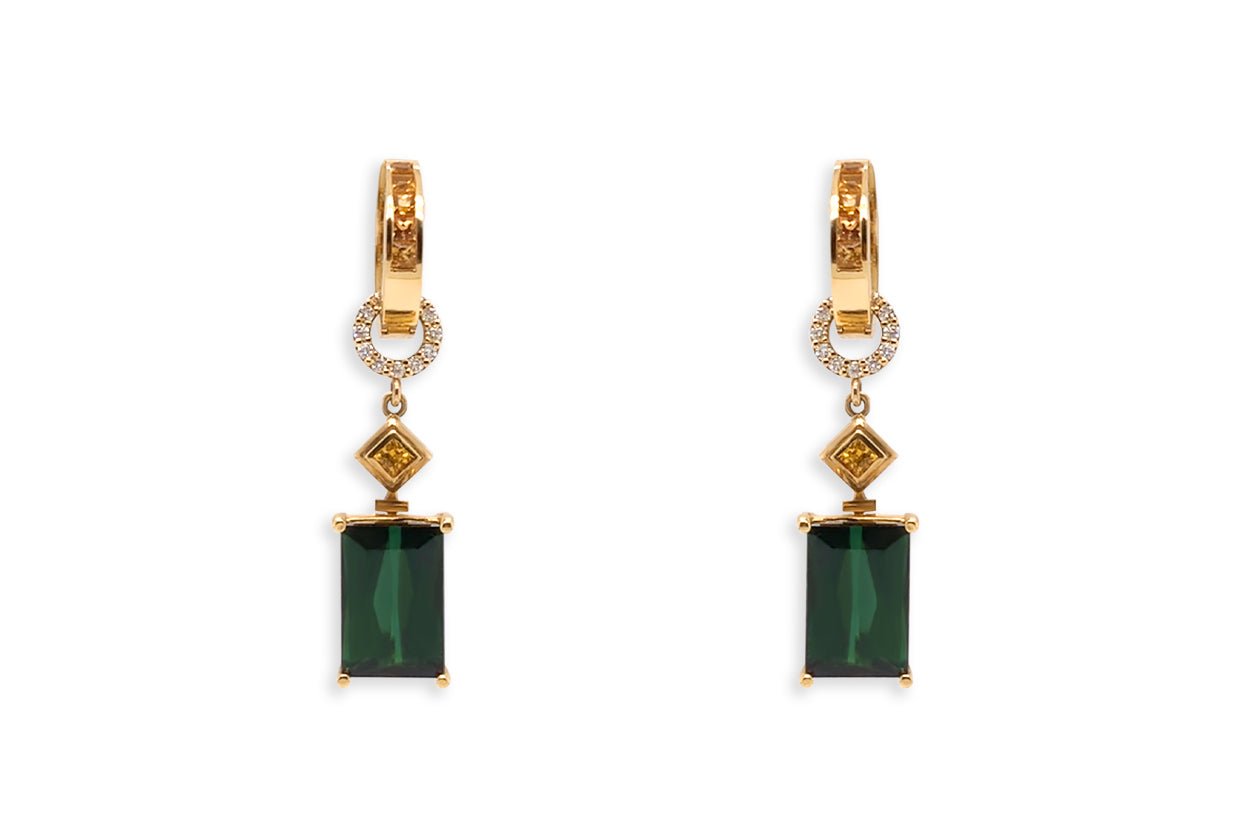 Earrings 18kt Gold Detachable Green Tourmalines Sapphires &amp; Diamonds - Diamond Tales Fine Jewelry