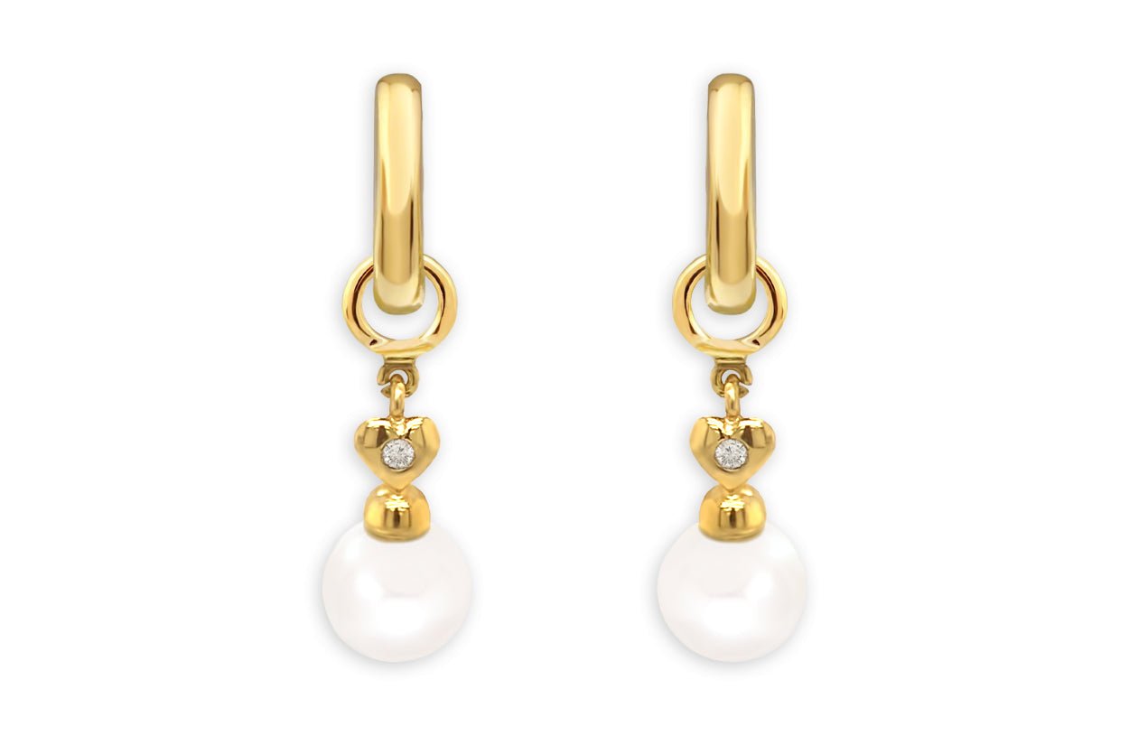 Earrings 18kt Gold Detachable Pearls &amp; Hearts with Diamonds Drop - Diamond Tales Fine Jewelry