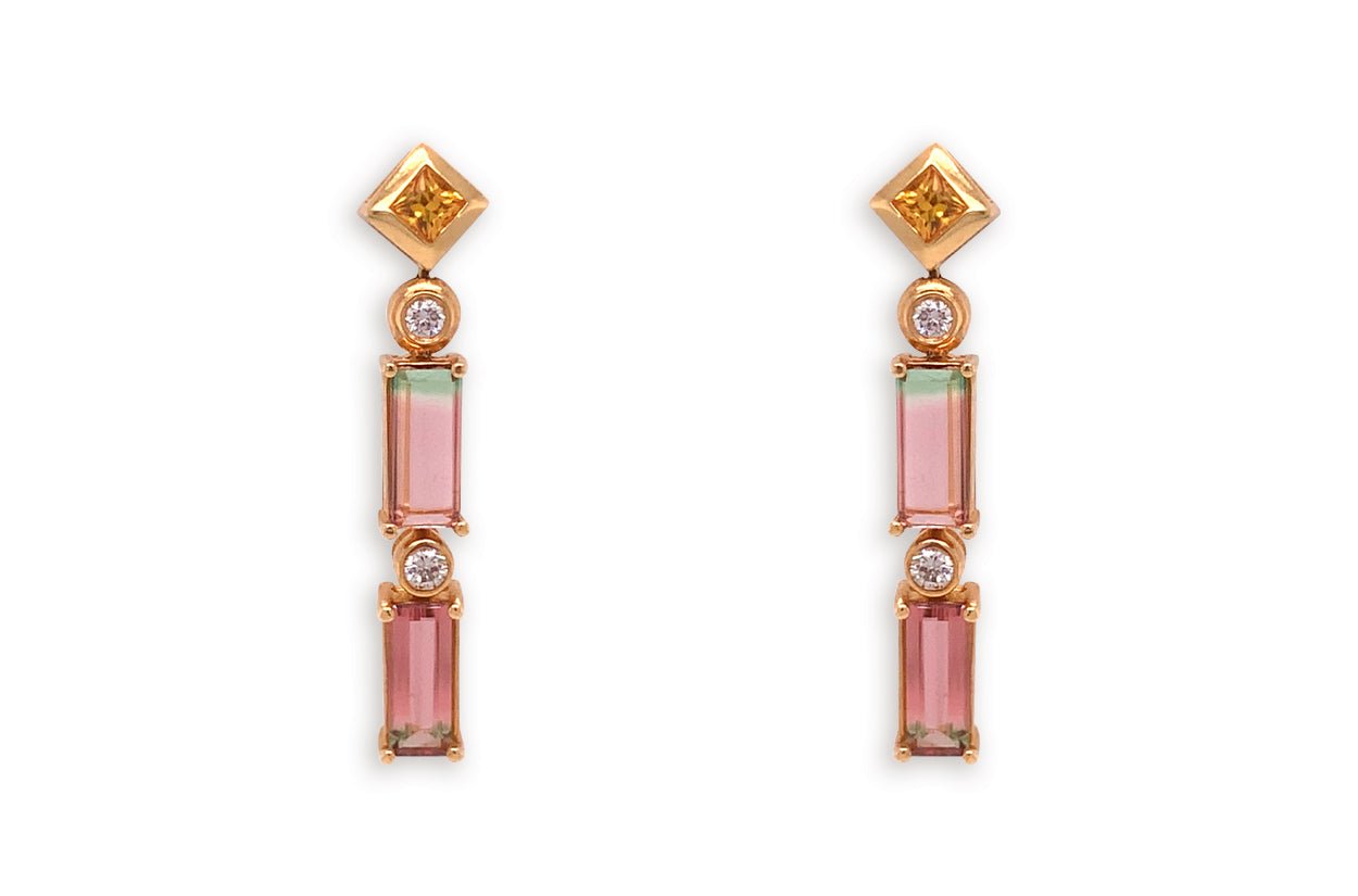 Earrings 18kt Gold Double Bicolor Tourmaline Sapphires &amp; Diamonds - Diamond Tales Fine Jewelry Earrings